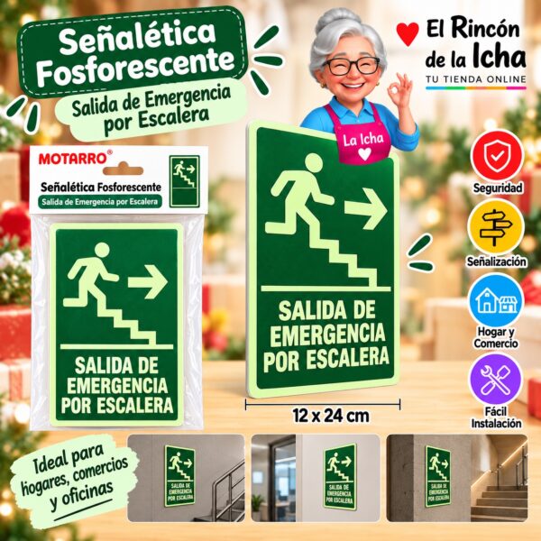 RI-0005947 Señalética Fosforescente 12 x 24 cm Salida de Emergencia por Escalera