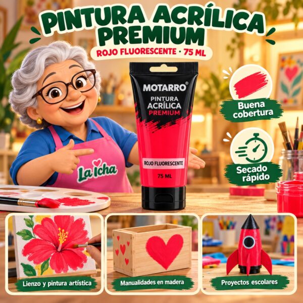 RI-0005956 Pintura Acrílica Motarro Premium 75 ml Rojo Fluorescente