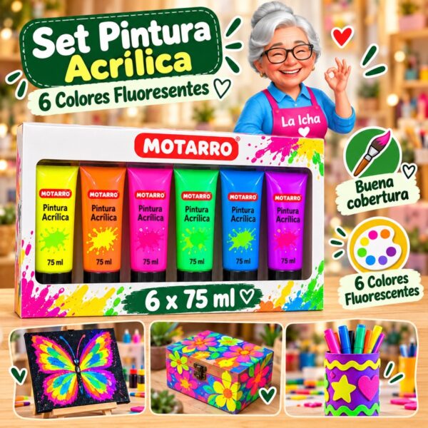 RI-0005983 Set de 6 Pinturas Acrílicas Motarro 75 ml Fluorescentes