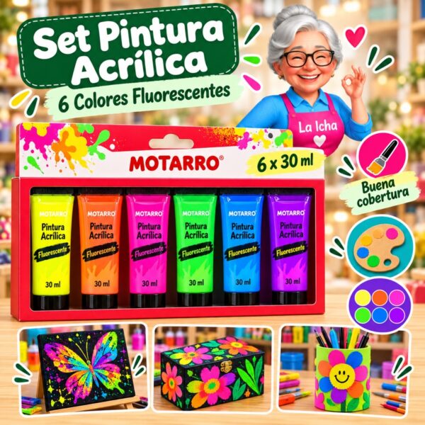 Set de 6 Pinturas Acrílicas Motarro 30 ml Fluorescentes