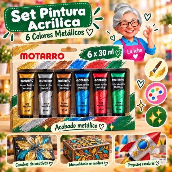 RI-0005985 Set de 6 Pinturas Acrílicas Motarro 30 ml Metálicas