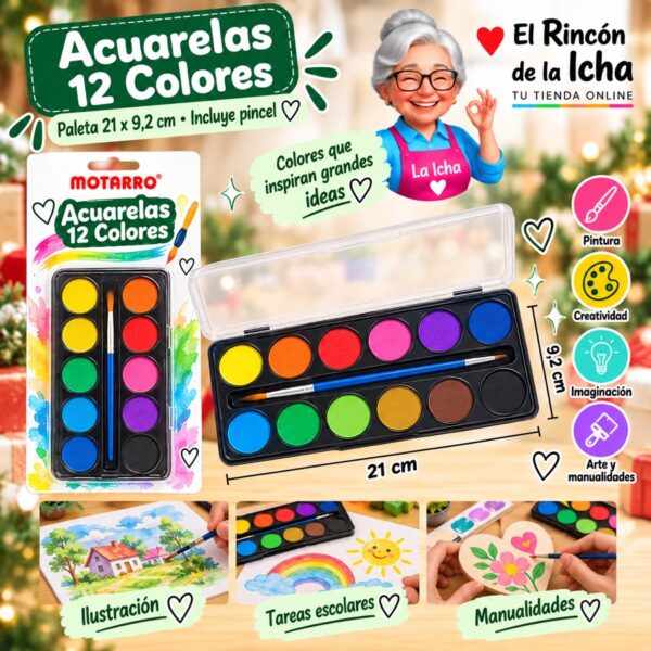 RI-0005993 Paleta de Acuarelas Motarro 12 Colores con Pincel