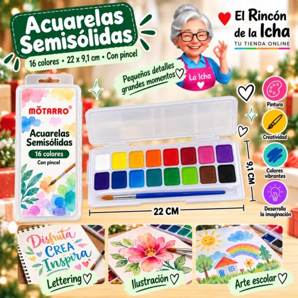 RI-0005995 Set de Acuarelas Semisólidas Motarro 16 Colores con Pincel