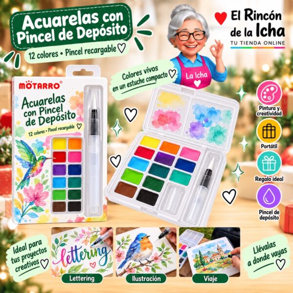 RI-0005997 Set de Acuarelas Motarro 12 Colores con Pincel de Depósito