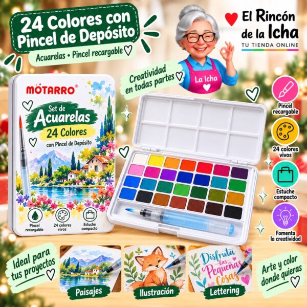 RI-0005998 Set de Acuarelas Motarro 24 Colores con Pincel de Depósito