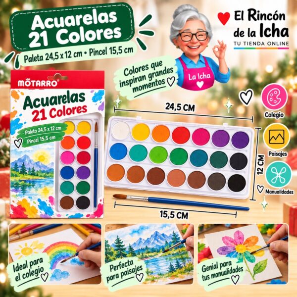 RI-0005999 Paleta de Acuarelas Motarro 21 Colores con Pincel