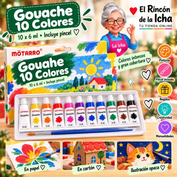 Set de Pinturas Gouache Motarro 10 Tubos de 6 ml con Pincel