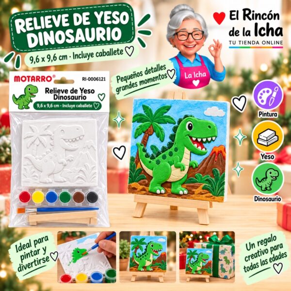 RI-0006121 Set para Pintar Relieve de Yeso Dinosaurio con Caballete Motarro 9,6 x 9,6 cm