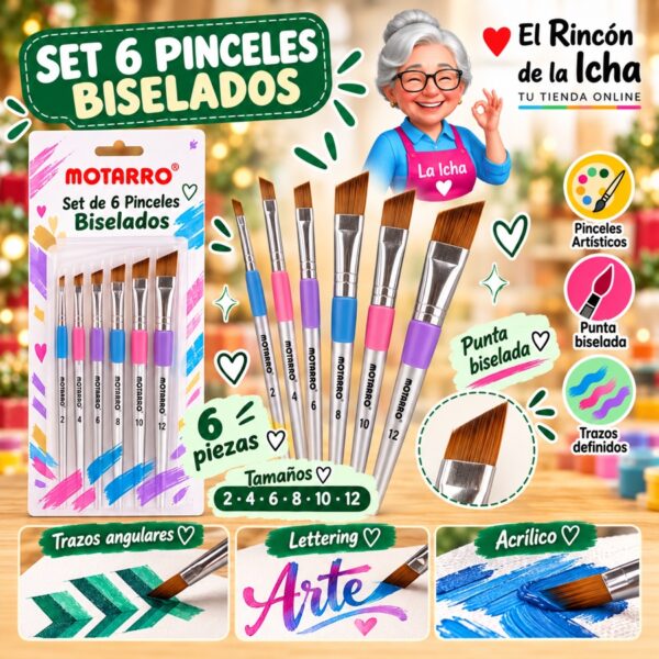 RI-0006159 Set 6 Pinceles Biselados Motarro Tamaños 2-12