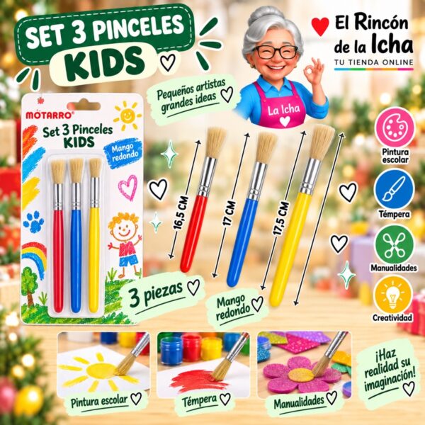 RI-0006164 Set 3 Pinceles Infantiles Motarro Mango Redondo