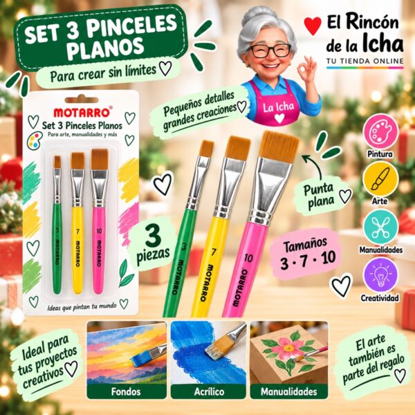 RI-0006167 Set 3 Pinceles Planos Motarro Tamaños 3-7-10