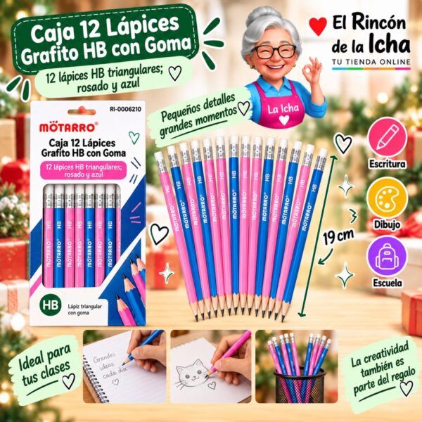 RI-0006210 Caja 12 Lápices Grafito HB con Goma Motarro 19 cm