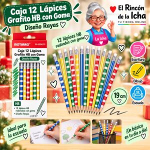 RI-0006211 Caja 12 Lápices Grafito HB con Goma Motarro 19 cm Diseño Rayas
