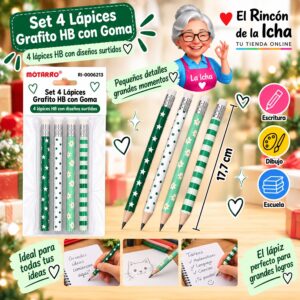 RI-0006213 Set 4 Lápices Grafito HB con Goma Motarro 17,7 cm