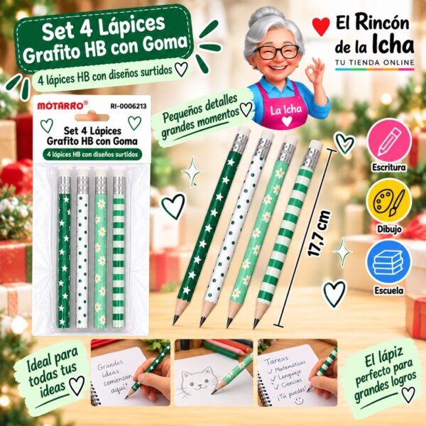 RI-0006213 Set 4 Lápices Grafito HB con Goma Motarro 17,7 cm