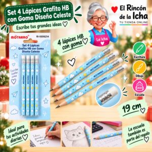 RI-0006214 Set 4 Lápices Grafito HB con Goma Motarro 19 cm Diseño Celeste