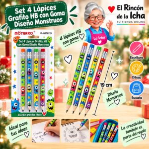 RI-0006215 Set 4 Lápices Grafito HB con Goma Motarro 19 cm Diseño Monstruos