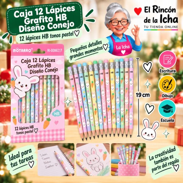 RI-0006217 Caja 12 Lápices Grafito HB Motarro 19 cm Diseño Conejo