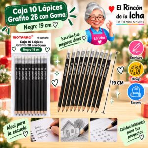 RI-0006218 Caja 10 Lápices Grafito 2B con Goma Motarro 19 cm Negro