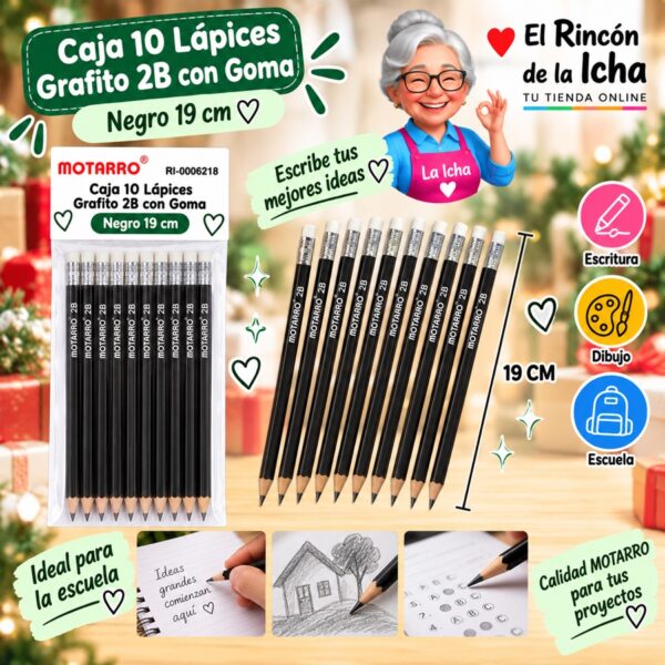 RI-0006218 Caja 10 Lápices Grafito 2B con Goma Motarro 19 cm Negro