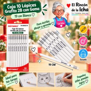 RI-0006219 Caja 10 Lápices Grafito 2B con Goma Motarro 19 cm Blanco