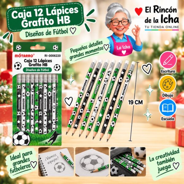 RI-0006220 Caja 12 Lápices Grafito HB Motarro 19 cm Fútbol
