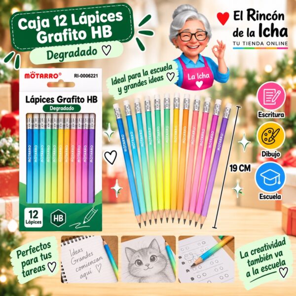 RI-0006221 Caja 12 Lápices Grafito HB Motarro 19 cm Degradado