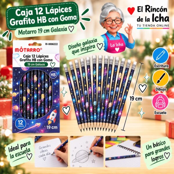 RI-0006222 Caja 12 Lápices Grafito HB con Goma Motarro 19 cm Galaxia