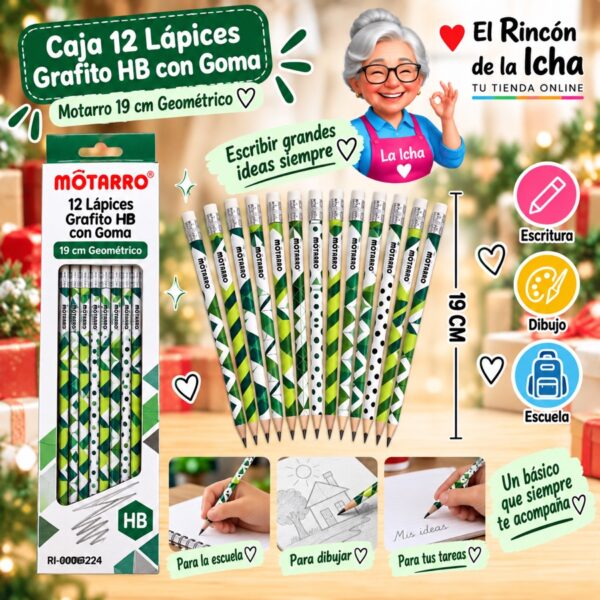 RI-0006224 Caja 12 Lápices Grafito HB con Goma Motarro 19 cm Geométrico