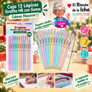 RI-0006226 Caja 12 Lápices Grafito HB con Goma Motarro 19 cm Macaron