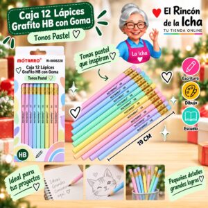 RI-0006228 Caja 12 Lápices Grafito HB con Goma Motarro 19 cm Pastel