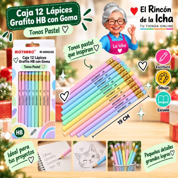 RI-0006228 Caja 12 Lápices Grafito HB con Goma Motarro 19 cm Pastel