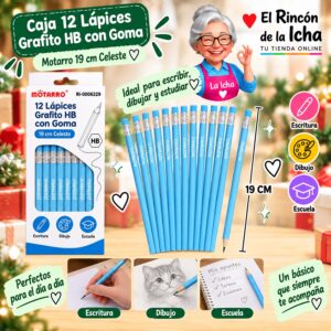 RI-0006229 Caja 12 Lápices Grafito HB con Goma Motarro 19 cm Celeste