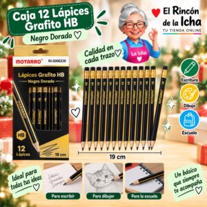 RI-0006230 Caja 12 Lápices Grafito HB Motarro 19 cm Negro Dorado