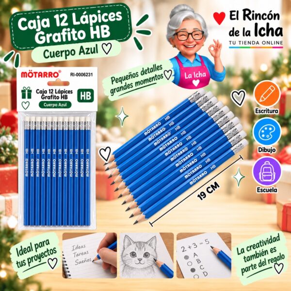 RI-0006231 Caja 12 Lápices Grafito HB Motarro 19 cm Azul
