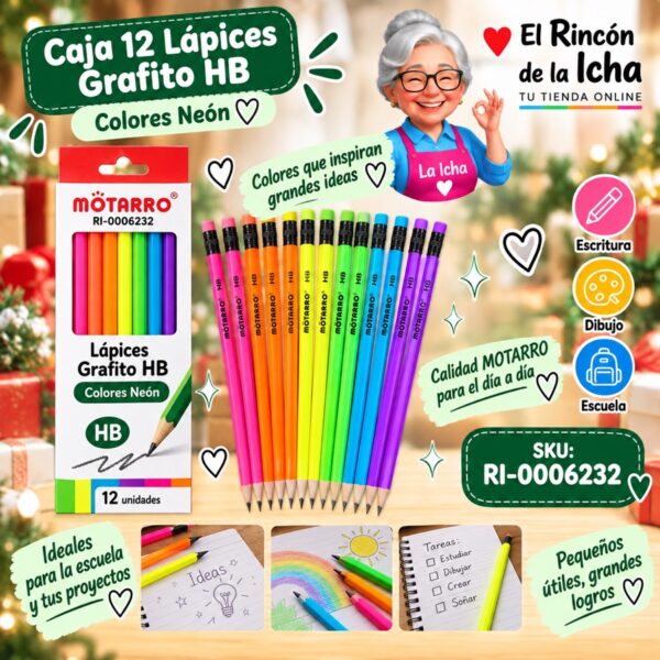 RI-0006232 Caja 12 Lápices Grafito HB Motarro 19 cm Neón