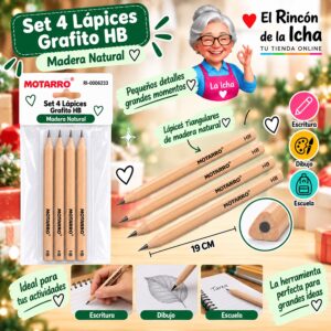 RI-0006233 Set 4 Lápices Grafito HB Motarro Madera Natural 19 cm