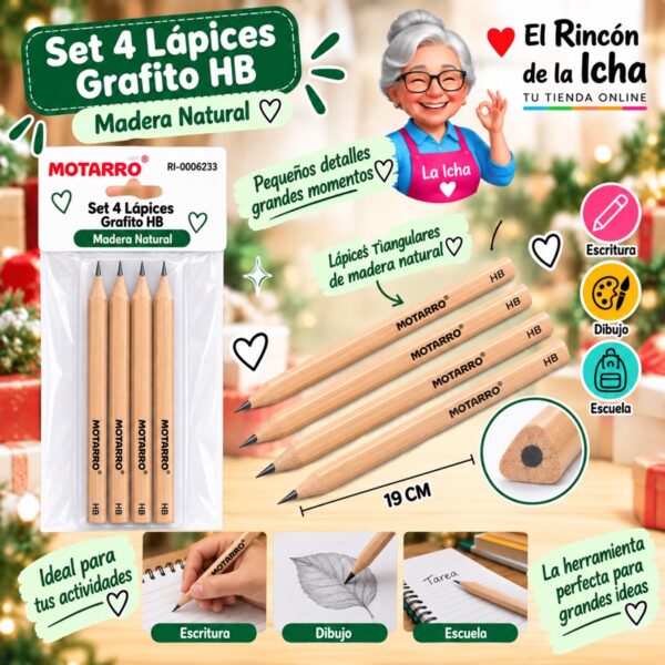 RI-0006233 Set 4 Lápices Grafito HB Motarro Madera Natural 19 cm