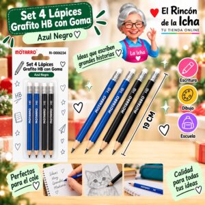RI-0006234 Set 4 Lápices Grafito HB con Goma Motarro 19 cm Azul Negro