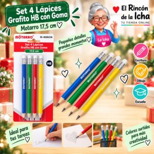 RI-0006236 Set 4 Lápices Grafito HB con Goma Motarro 17,5 cm