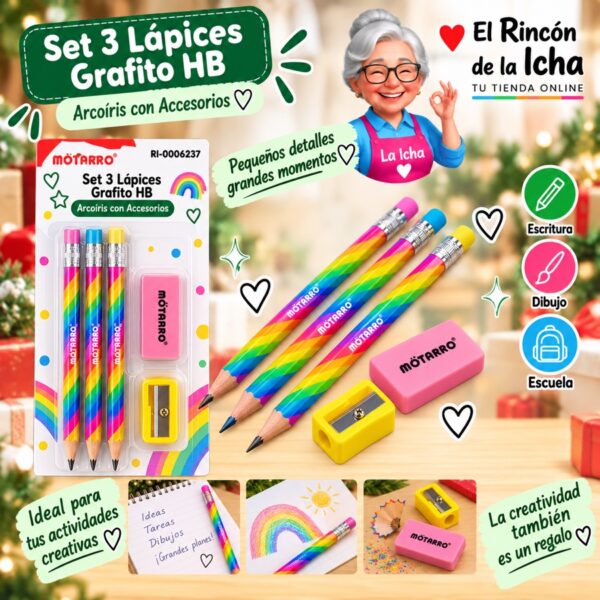RI-0006237 Set 3 Lápices Grafito HB Arcoíris con Accesorios Motarro 18,5 cm
