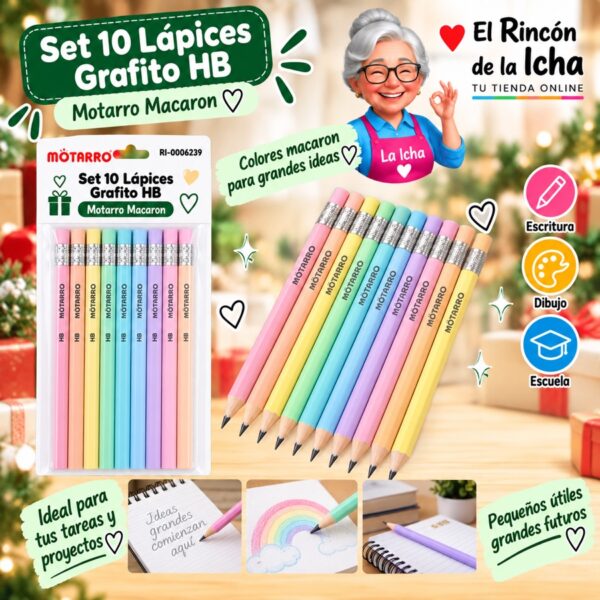 RI-0006239 Set 10 Lápices Grafito HB Motarro Macaron 19 cm