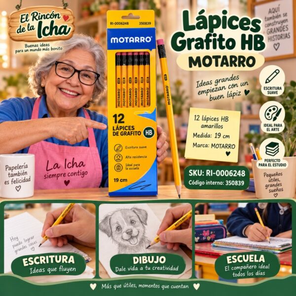 RI-0006248 Caja 12 Lápices Grafito HB Motarro 19 cm Amarillo