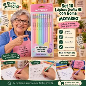 RI-0006249 Set 10 Lápices Grafito HB con Goma Motarro Macaron 19 cm