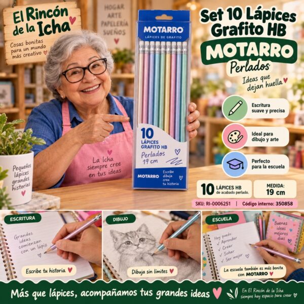 RI-0006251 Set 10 Lápices Grafito HB Motarro Perlados 19 cm