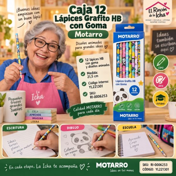 Caja 12 Lápices Grafito HB con Goma Motarro