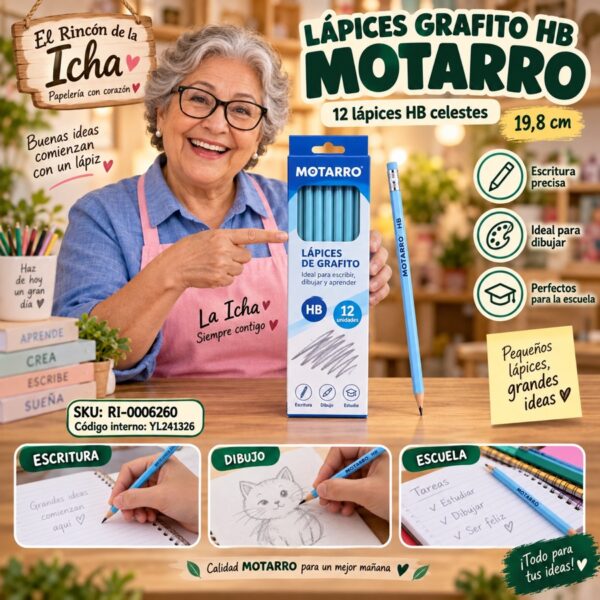RI-0006260 Caja 12 Lápices Grafito HB Motarro 19,8 cm Celeste