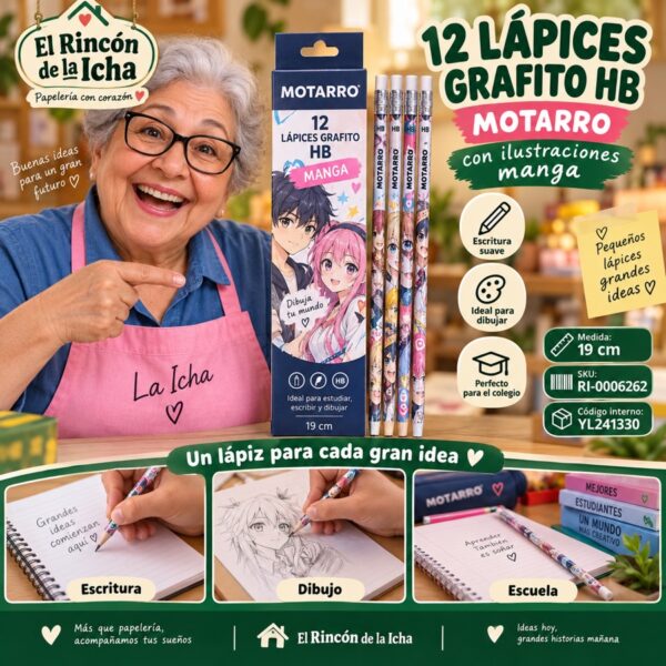 RI-0006262 Caja 12 Lápices Grafito HB Motarro 19 cm Manga