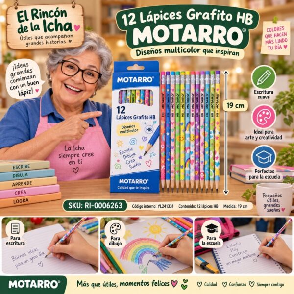 RI-0006263 Caja 12 Lápices Grafito HB Motarro 19 cm Multicolor