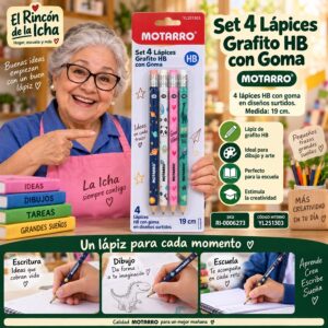 RI-0006273 Set 4 Lápices Grafito HB con Goma Motarro 19 cm
